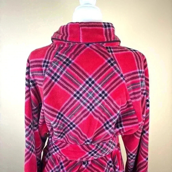 Victoria”s Secret Lipstick Red/Pink Plaid Fuzzy Soft Fleece Mini Robe Size M/L - Picture 10 of 13